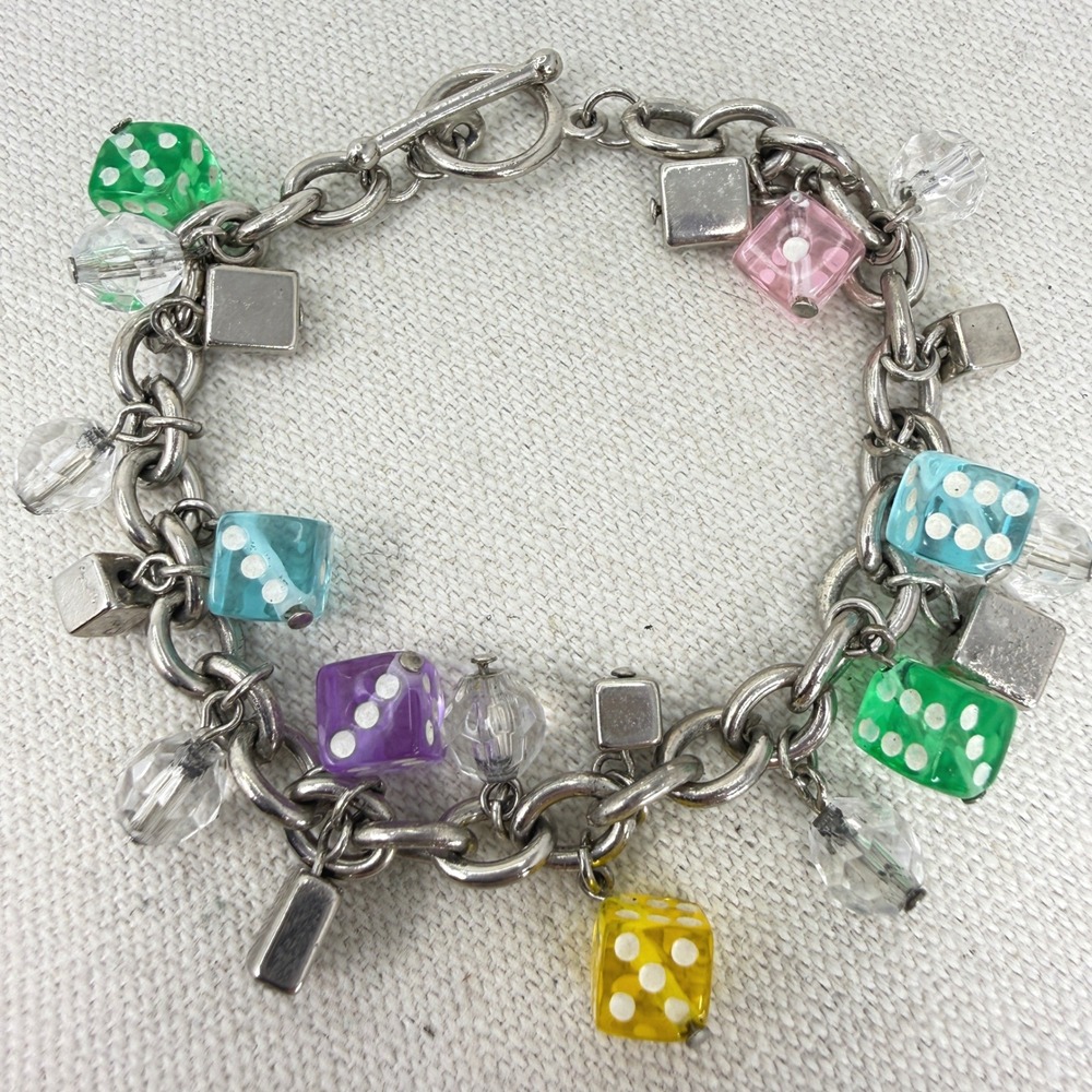 Vintage Colorful Dice Charm Bracelet Silver Tone Toggle Clasp Kitsch Y2K Jewelry